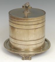 A Victorian E.P.N.S novelty biscuit box, as a coopered barrel, wheatsheaf finial, scroll feet,