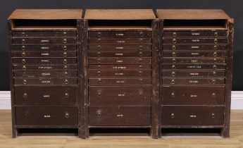 A set of three early to mid-20th century numismatic connoisseur’s specimen chests, the drawers