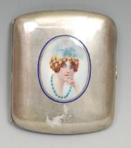 A Continental silver and enamel rounded rectangular cigarette case, decorated in polychrome with