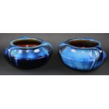 A near pair of Denby Danesby Ware Electric Blue three handled compressed ovoid vases, printed marks,