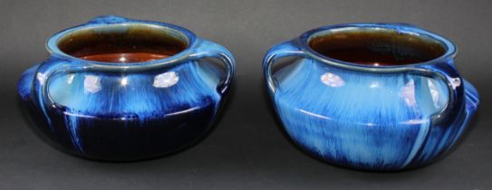 A near pair of Denby Danesby Ware Electric Blue three handled compressed ovoid vases, printed marks,