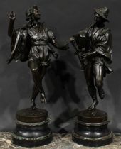 E. De. Labroue, French, 19th century, a pair of brown patinated bronzes, Musician and Dancer,