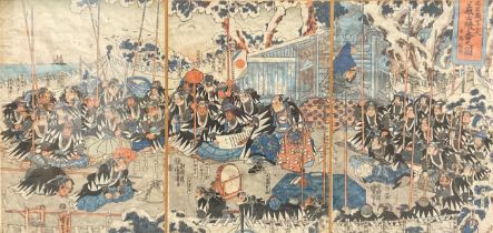 Utagawa Kuniyoshi (1798 - 1861), a woodblock print, warrior triptych, 47 Ronin Burning Incense