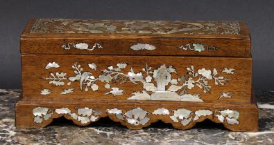 A Chinese hardwood and mother of pearl marquetry rectangular box and cover, profusely inlaid, 24.5cm