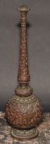 An Indian bronze rosewater sprinkler, profusely cast with scrolling lotus, 28.5cm high, c.1900