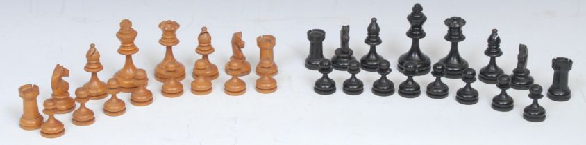 A boxwood and ebonised chess set, the Kings 7.5cm high, mahogany box with sliding cover