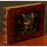 A Japanese lacquer abalone postcard album, the central panel as a bird on a flowering stem,