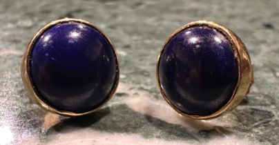 A pair of 18ct gold lapis lazuli cabochon earrings, deep blue circular cabochons, approx 9mm, 3.2mm,