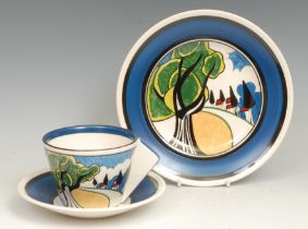 A Wedgwood reproduction Clarice Cliff Bizarre May Avenue pattern conical teacup, saucer and side