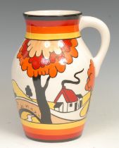 A Wedgwood reproduction Clarice Cliff Bizarre House and Bridge pattern Lotus Jug, hand painted based