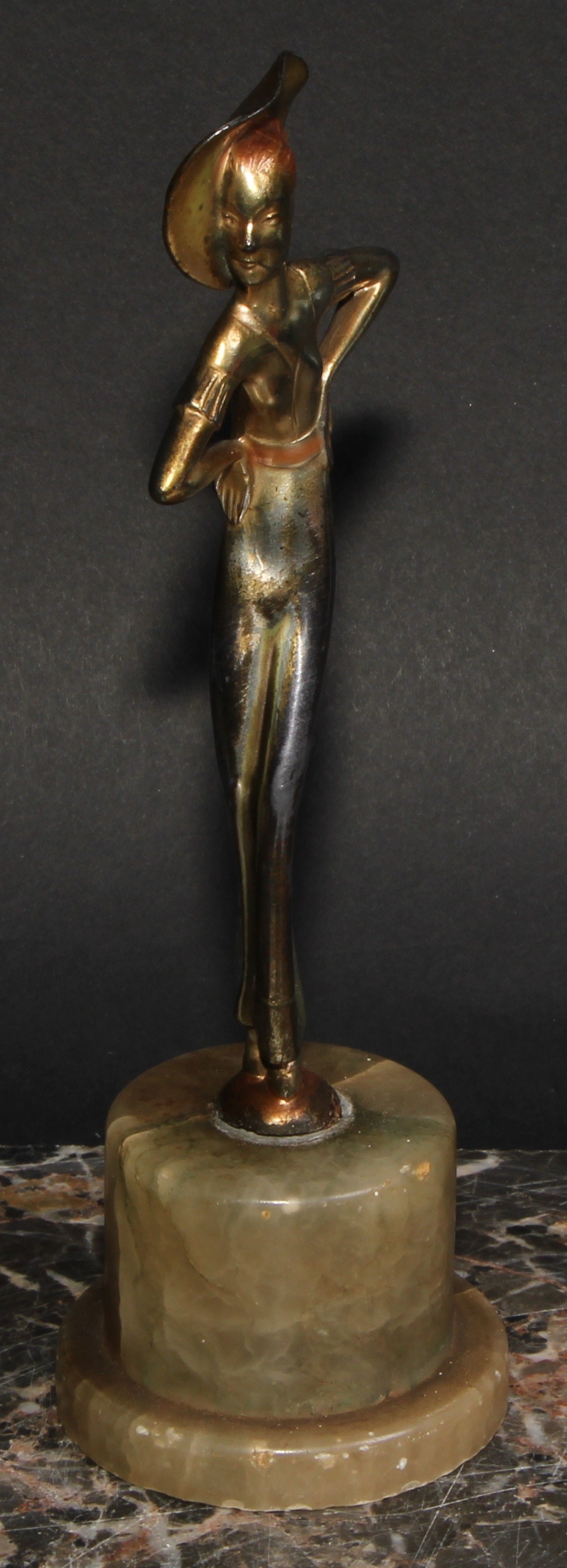 An Art Deco gilt and silvered figure, a lady of fashion, onyx plinth, 20.5cm high, c.1940 - Image 2 of 3