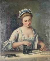 After Henry Robert Morland A Laundry Maid Ironing oil on panel, 22cm x 18.5cm