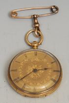 A 19th century 18ct gold cased open face pocket watch, gilt floral dial, Roman numerals, blued spade
