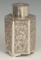 A Chinese silver hexagonal tea caddy, chased with a dragon, verse and the Three Friends of Winter,