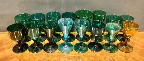 A 19th century turquoise coloured drinking glass, conical bowl, knopped stem, domed circular foot,