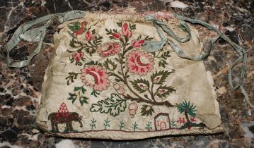 Textiles - an 18th century silk drawstring bag, embroidered with a flowering leafy branch, an Indian