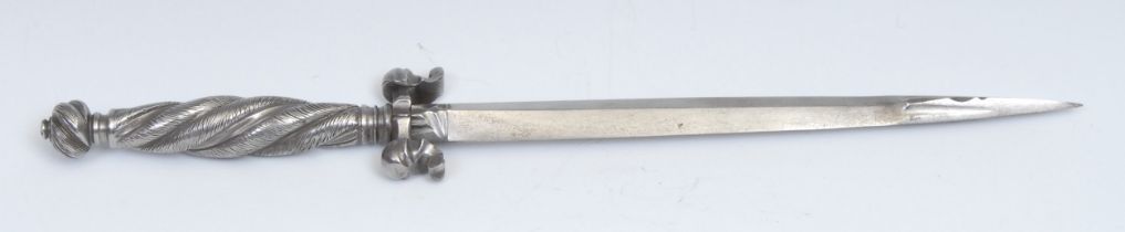 An Italian steel dagger, tapered quatrefoil blade with reinforced tip, wrythen hilt and pommel, 35cm