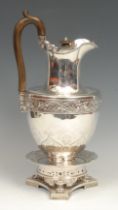 A William IV silver biggin and stand, chased with a band of flowers, lofty fruitwood scroll handle