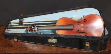 A violin, the two-piece back 36cm long excluding button, ebonised tuning pegs, 60cm long overall,