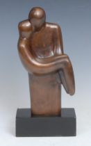 Modern British School, a brown patinated bronze, Safe in his Arms, rectangular base, 28cm high