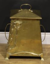 An Art Nouveau brass coal/log bin and cover, by Benham and Froud, embossed with trailing lilies,