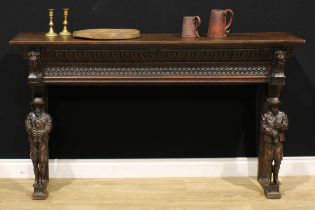 A late 19th century Italian Renaissance Revival oak ‘serving table’, rectangular top above a