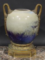 A large ormolu mounted Chinese ovoid vase, glazed in the Jun ware manner in streaked tones of