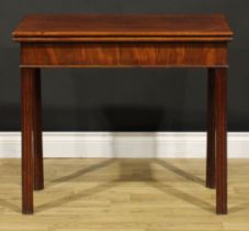 A George III mahogany card table, hinged top enclosing a baize lined playing surface, moulded