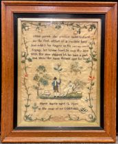 A George IV embroidered sampler, decorated with shepherd and crinoline lady, floral and vine border,