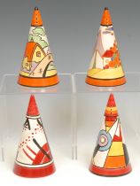 A Wedgwood reproduction Clarice Cliff Bizarre Lightning pattern conical sugar sifter, hand painted