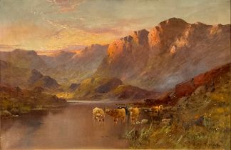 Alfred De Breanski Jnr (1877 - 1955) Highland Cattle Watering signed, oil on canvas, 59cm x 89cm