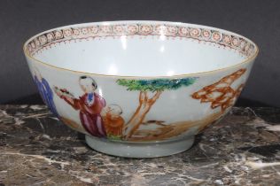 A Chinese porcelain bowl, painted in polychrome enamels with figures in a landscape, 18cm diam, c.