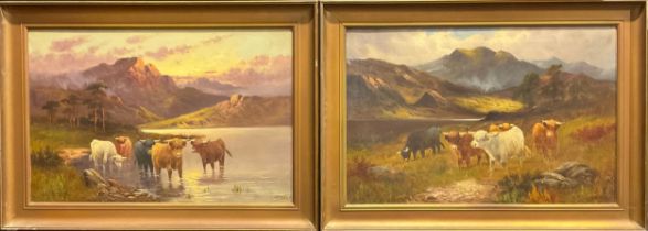 Charles W. Oswald (British, early 20th century) a pair, Highland Cattle - Dawn and Dusk signed,