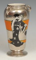 An Art Deco Wardle silver lustre three handled vase, printed in monochrome with a Geisha, banded