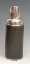 An unusual Edwardian silver thermos flask, the screw-fitting cover a cup, leather bound, 26cm