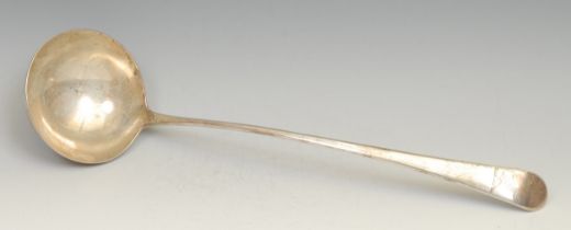 A George III silver Old English pattern soup ladle, crested, 37cm long, London 1791, 171g