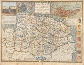 John Goddard (fl. 1645–1671), an engraved and coloured two-page map, Norfolk, A Countie Florishing &