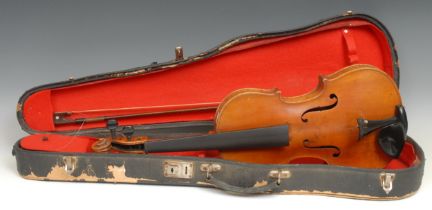 A violin, the two-piece back 36cm long excluding button, ebony tuning pegs, outlined throughout with