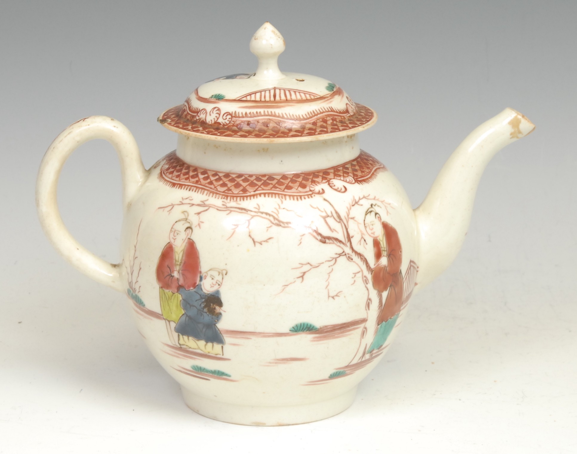 A Lowestoft globular teapot, painted in polychrome with Chinese figures, 21cm long, c.1770 - Image 2 of 2