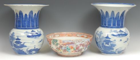 A pair of Chinese blue and white vases, 31cm; a Chinese Famille Rose bowl (3)