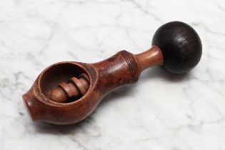 Nutcrackers - a 19th century turned burr maple screw-action nut cracker, bold compressed globular