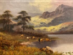 British school, late 19th / early 20th century, Highland cattle by the Loch, indistinctly signed,