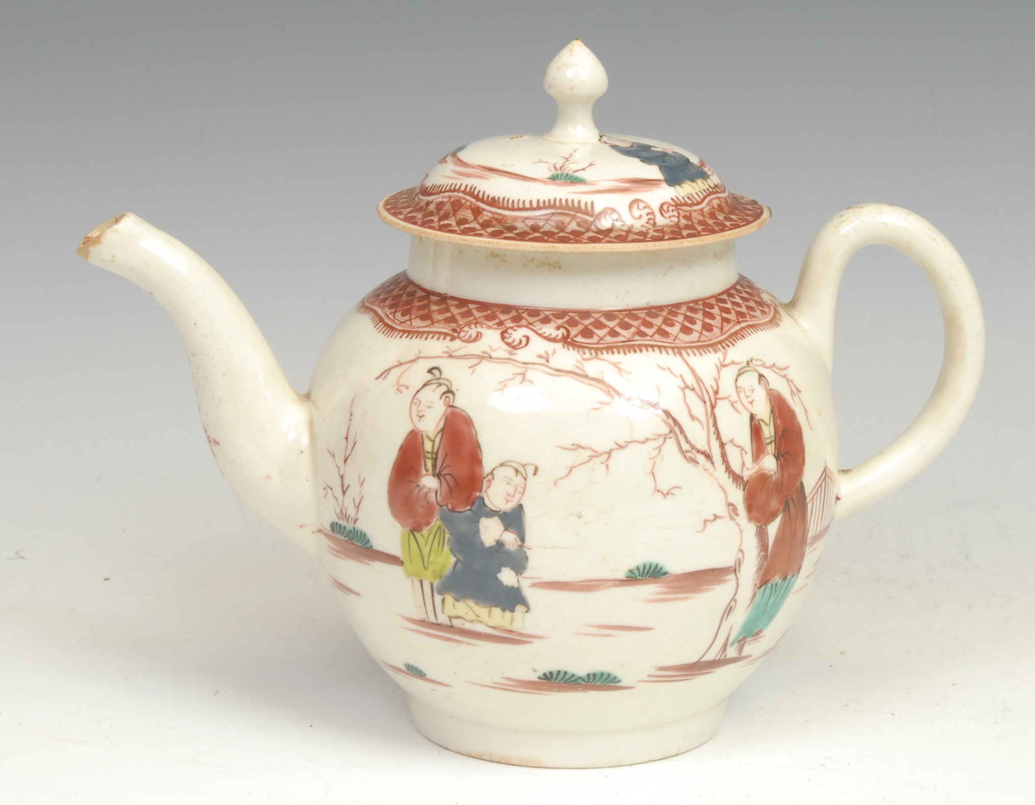 A Lowestoft globular teapot, painted in polychrome with Chinese figures, 21cm long, c.1770