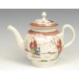 A Lowestoft globular teapot, painted in polychrome with Chinese figures, 21cm long, c.1770