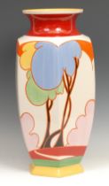 A Wedgwood reproduction Clarice Cliff Bizarre large Blue Autumn pattern hexagonal vase, hand painted