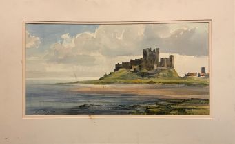 Ivan Taylor, Bamburgh castle, signed, watercolour, 32cm x 62cm.