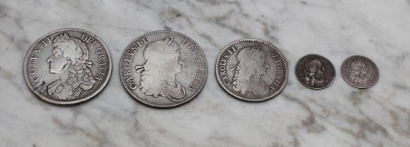 Coins - A 1687 James II crown; a 1662 Charles II crown; a 1663 Charles II half crown; a 1672 Charles