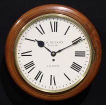 A Victorian mahogany circular wall timepiece, 34cm painted clock dial inscribed J W Benson,