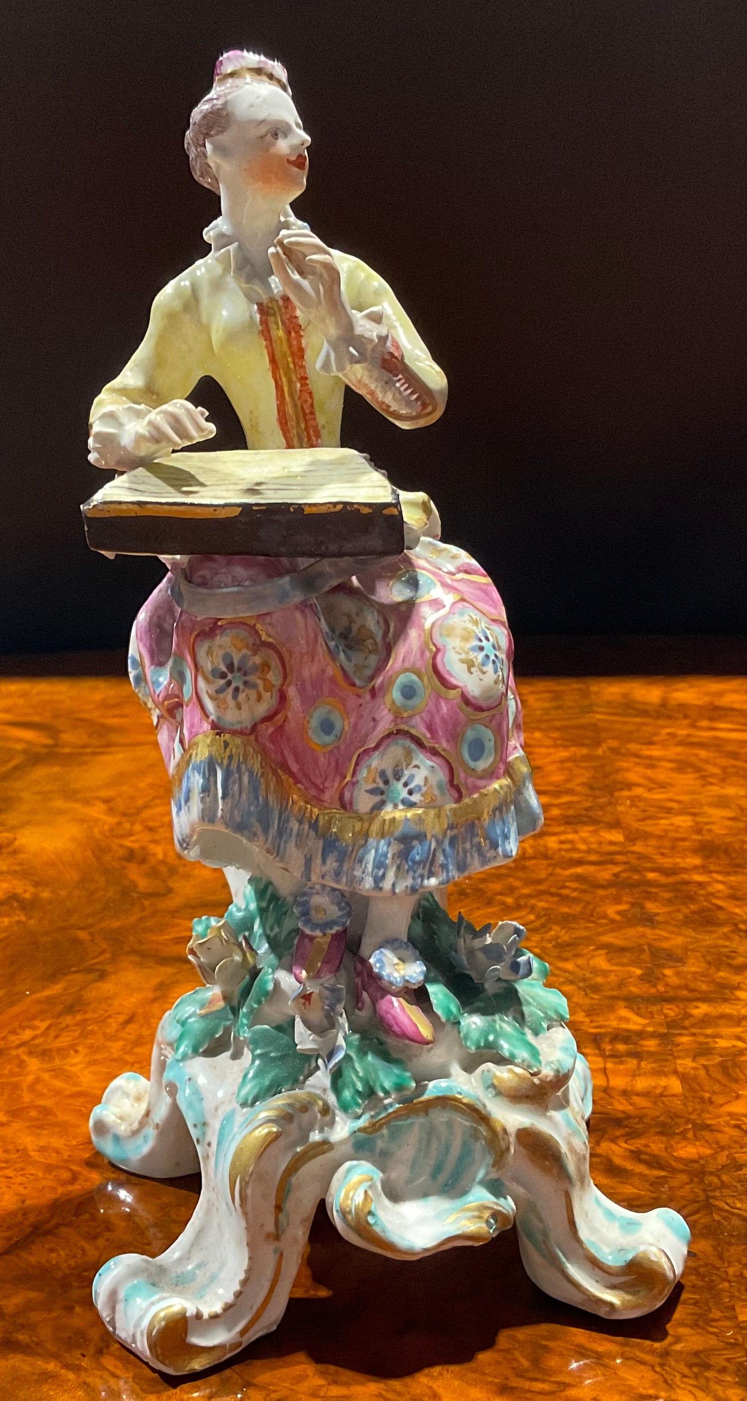 A pair of Bow figures, of musicians, she seated on tree stump wearing yellow jacket and floral dress - Image 2 of 9