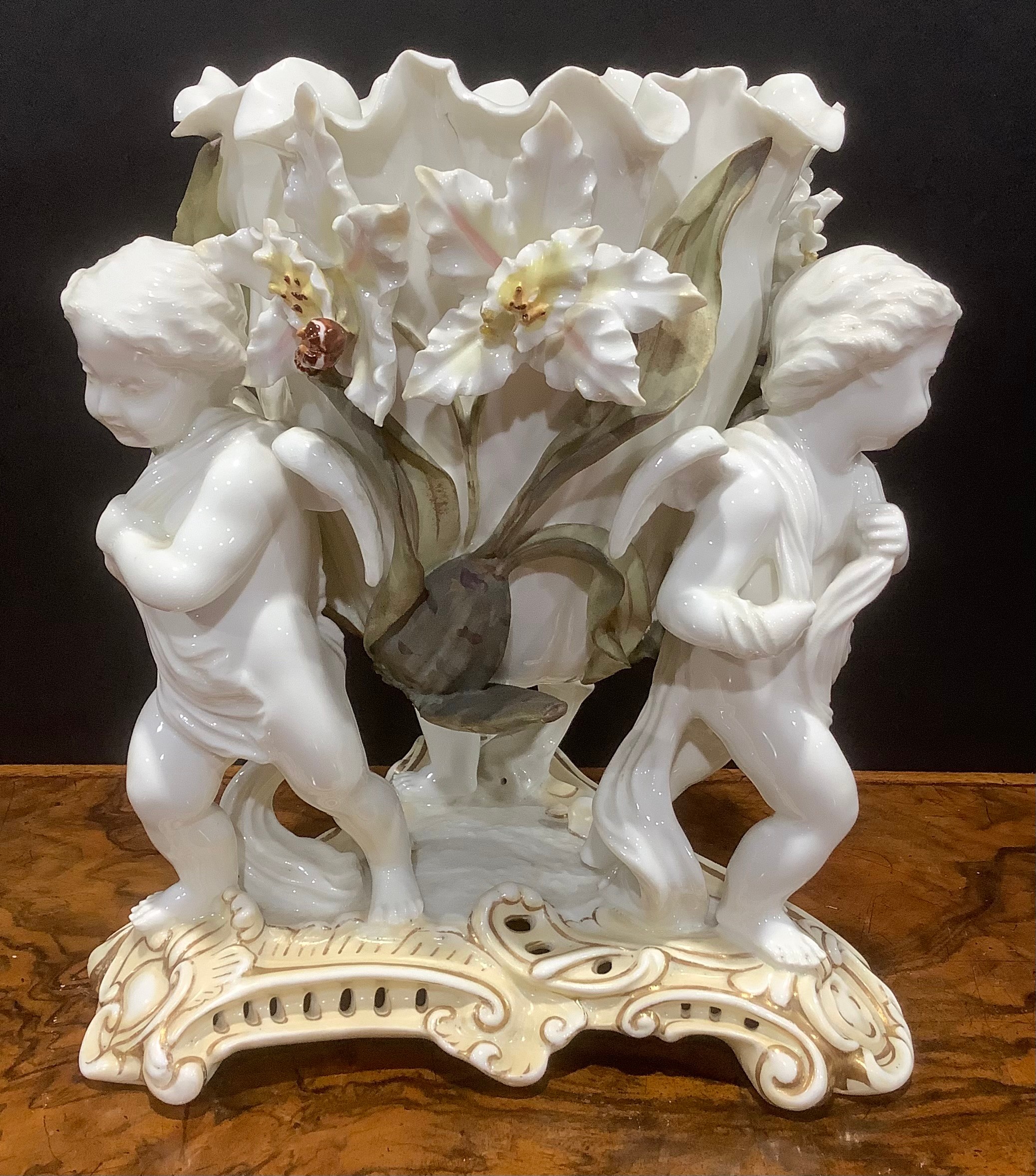 A Moore Brothers figural table centre, in the white, picked out in muted colours, modelled with - Image 13 of 13